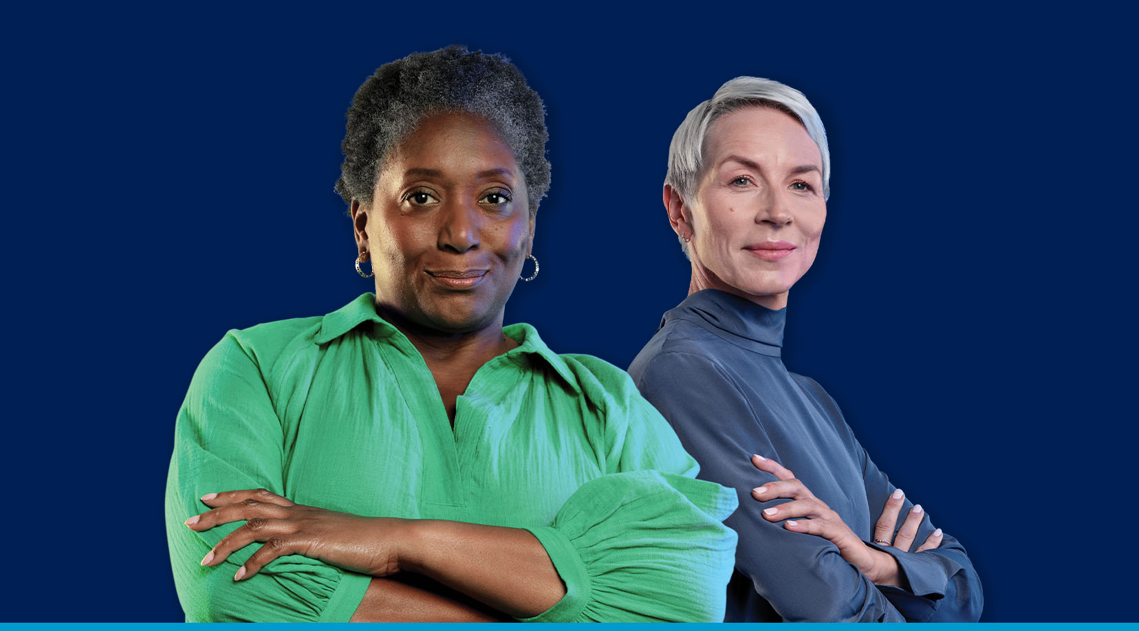 Two women looking forward, dressed in green and gray tops, against a vibrant blue background Two women looking forward, dressed in green and gray tops, against a vibrant blue background