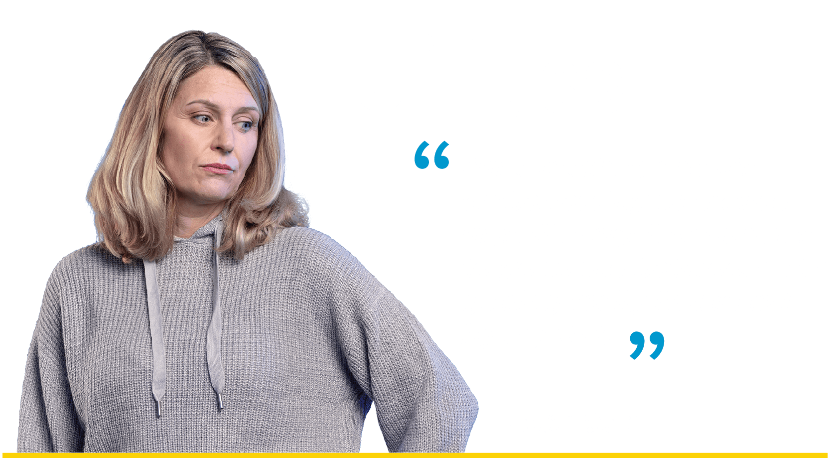 Patient Profile: Jill A woman with blonde hair in a gray sweater looking to the side against a blue background