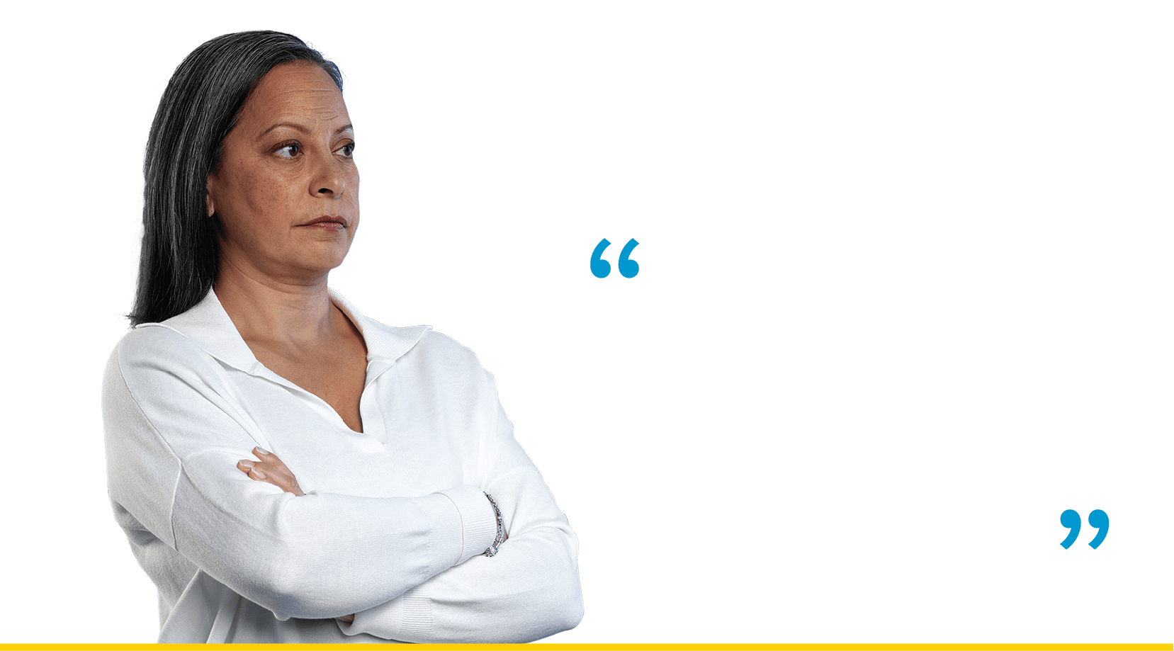 Patient Profile: Kayla A woman with long dark hair, arms crossed, in a white blouse against a dark blue background