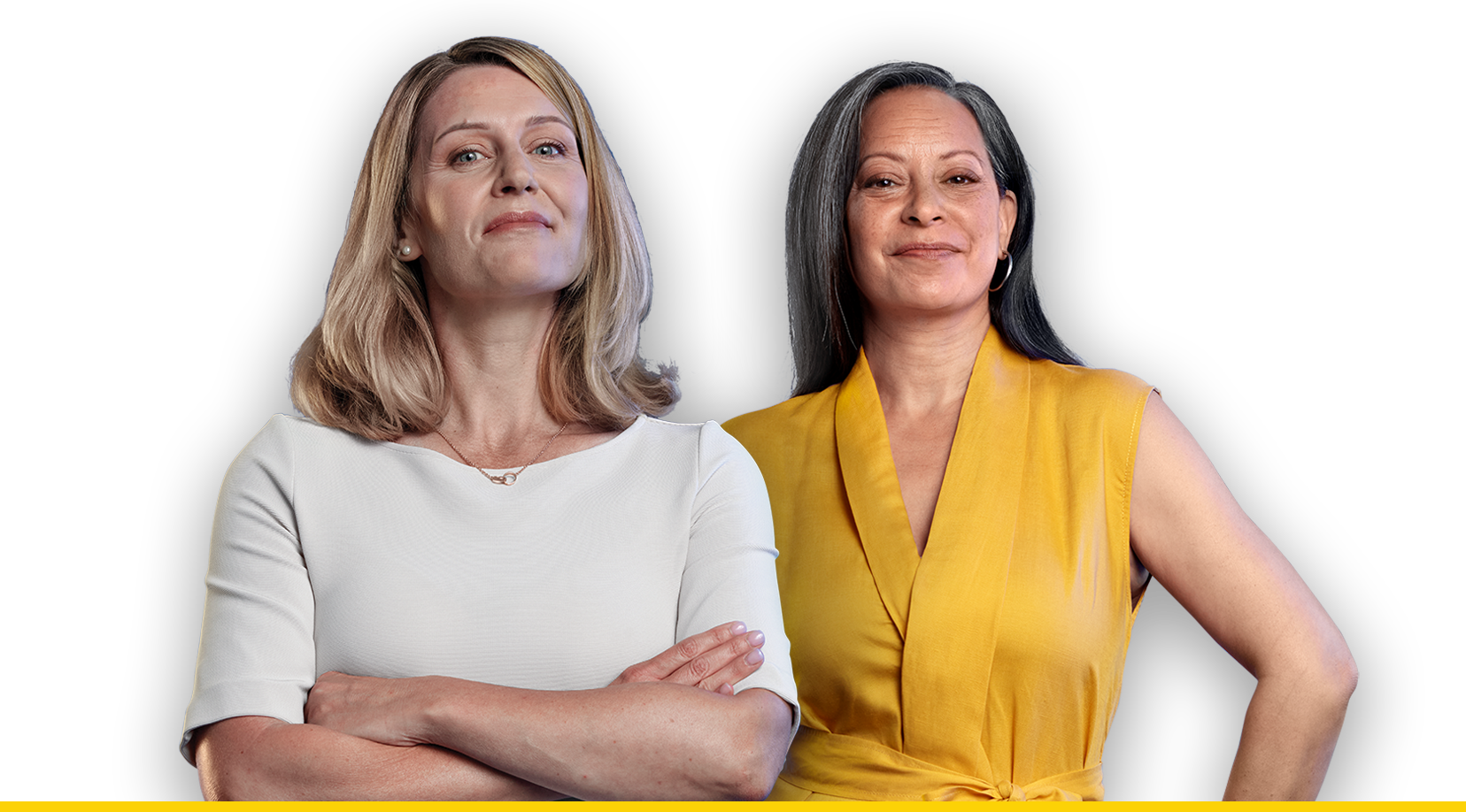 Two women smiling and looking forward, dressed in white and yellow tops on a blue background Two women smiling and looking forward, dressed in white and yellow tops on a blue background